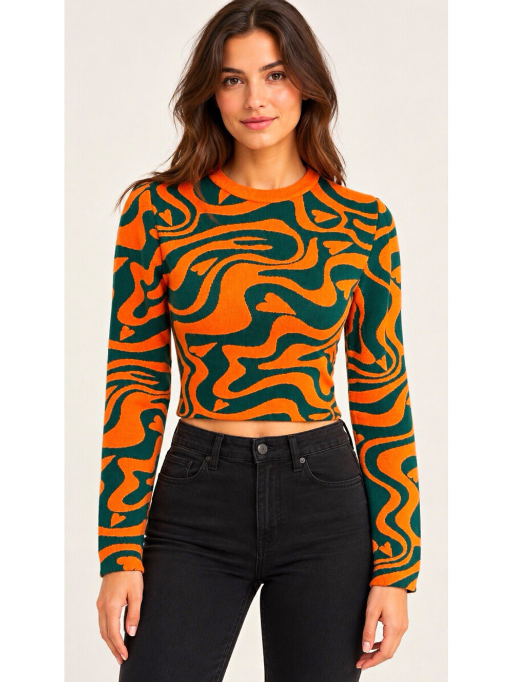 ZARA Women’s S Orange Green Abstract Knit Crew Neck Long Sleeve Pullover